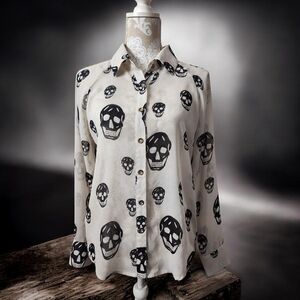 Vintage 90's Black/Cream Skull Goth Punk Semi-Sheer Blouse Size S